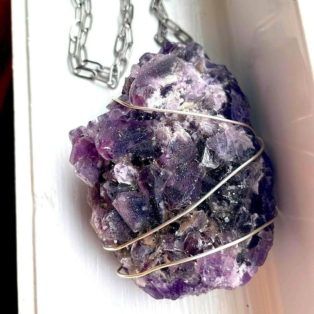 Raw genuine crystal necklace, an amazing purple fluorite specimen 3” tall x 1.5”