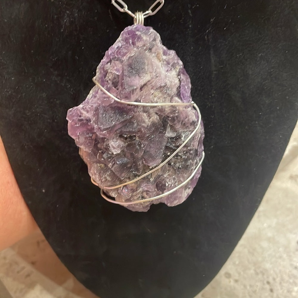 Raw genuine crystal necklace, an amazing purple fluorite specimen 3” tall x 1.5”