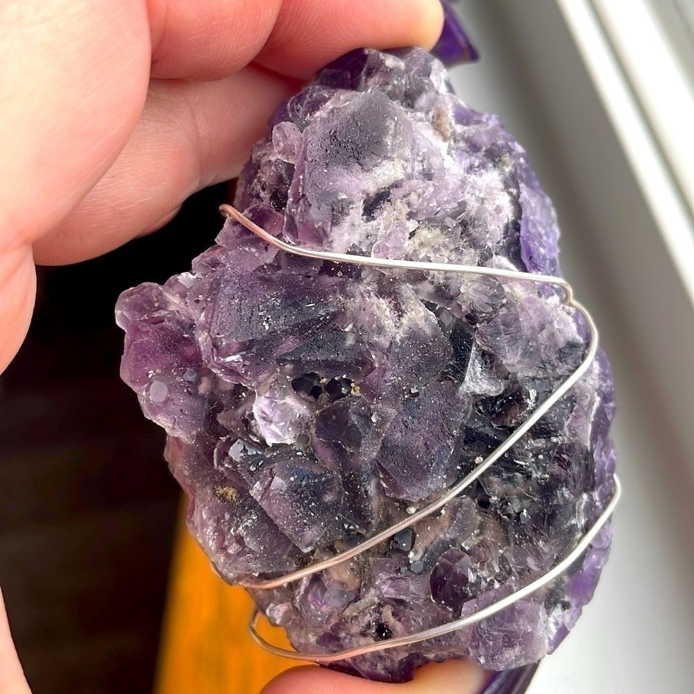 Raw genuine crystal necklace, an amazing purple fluorite specimen 3” tall x 1.5”