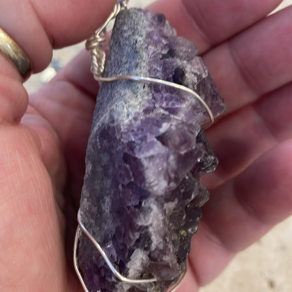 Raw genuine crystal necklace, an amazing purple fluorite specimen 3” tall x 1.5”