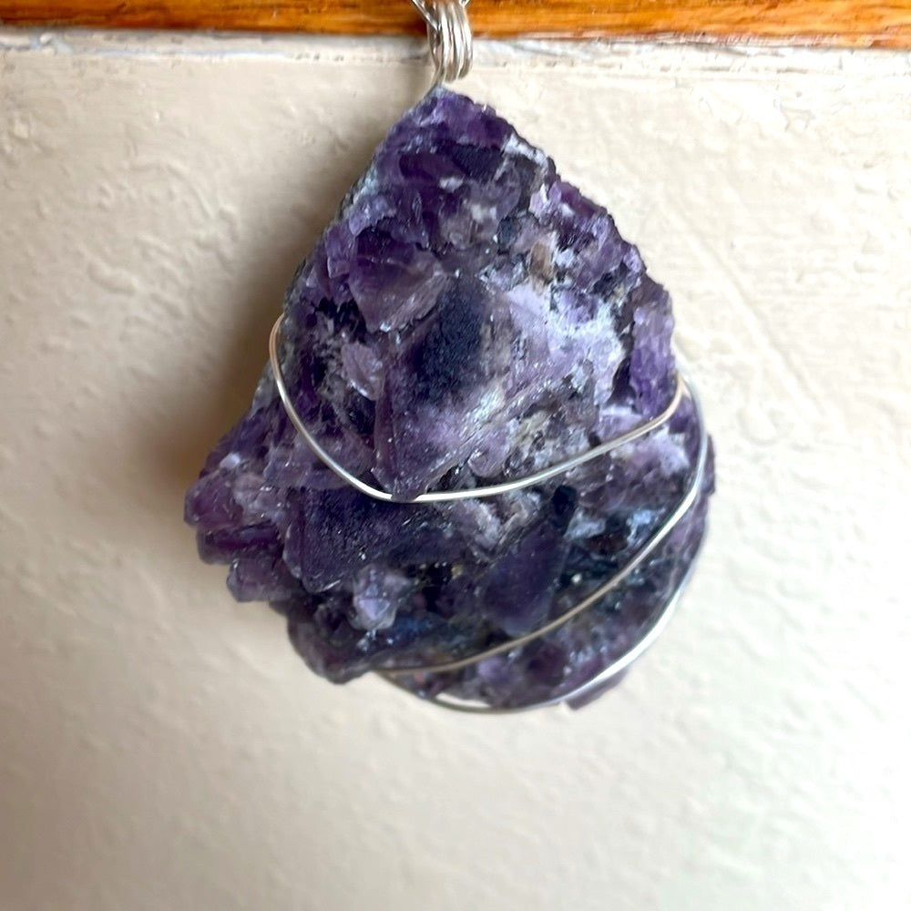 Raw genuine crystal necklace, an amazing purple fluorite specimen 3” tall x 1.5”