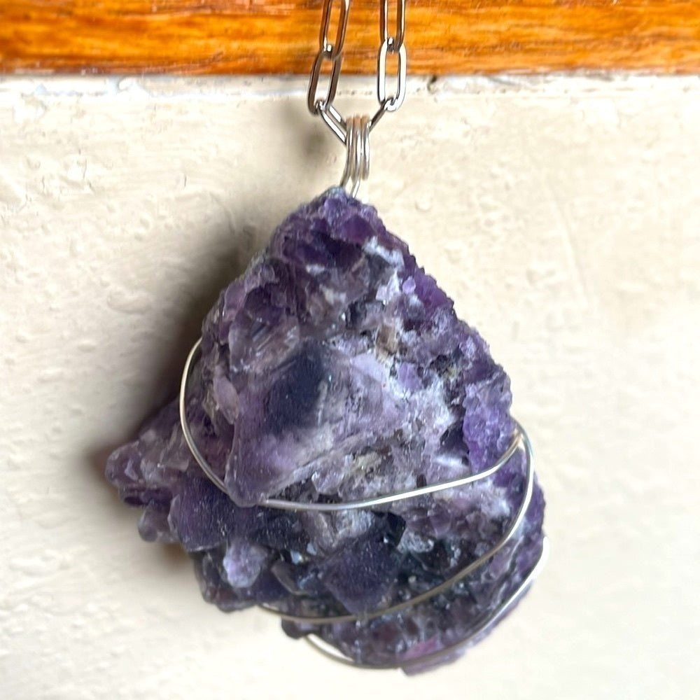 Raw genuine crystal necklace, an amazing purple fluorite specimen 3” tall x 1.5”