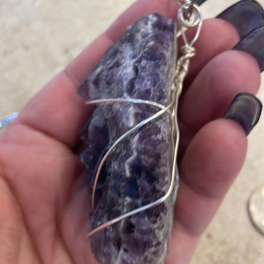 Raw genuine crystal necklace, an amazing purple fluorite specimen 3” tall x 1.5”