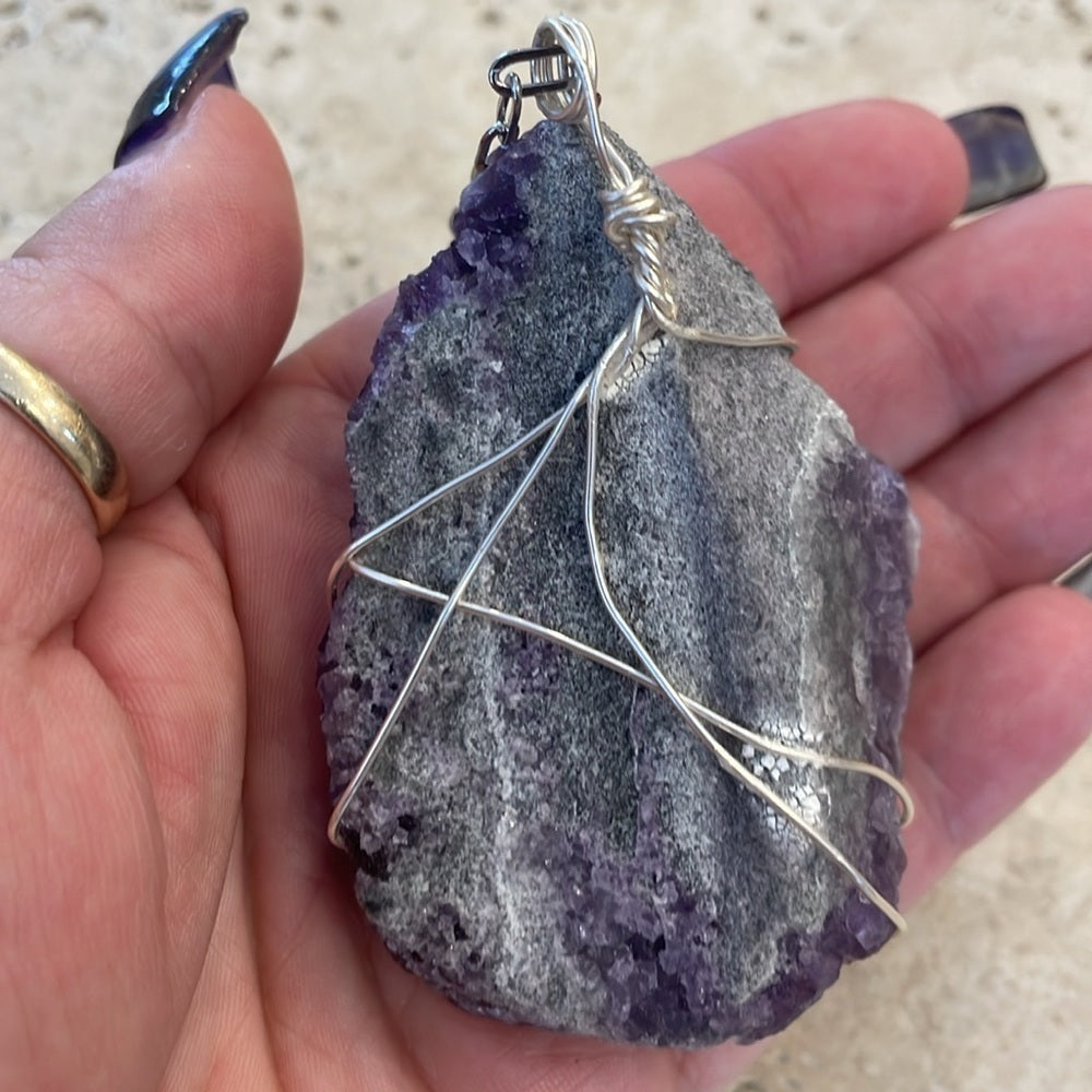 Raw genuine crystal necklace, an amazing purple fluorite specimen 3” tall x 1.5”
